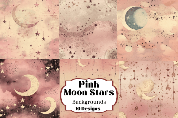 10 Pink Moon Stars Seamless Patterns