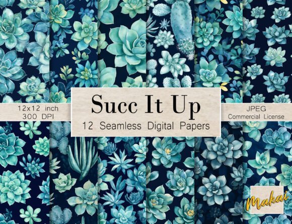 Bring Botanical Elegance to Your Designs with 12 Seamless Patterns Green Succulents