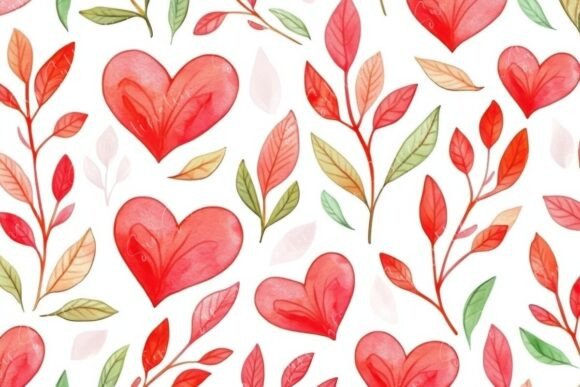Vibrant Red Hearts and Leafy Patterns: A Symbolic Watercolor Design for Love and Creativity